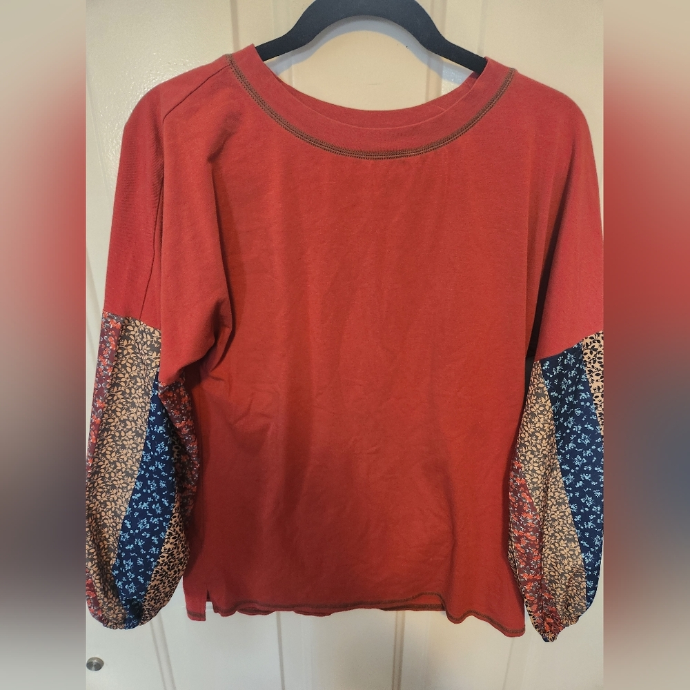 Elle Red Top with Floral Patterned Sleeves